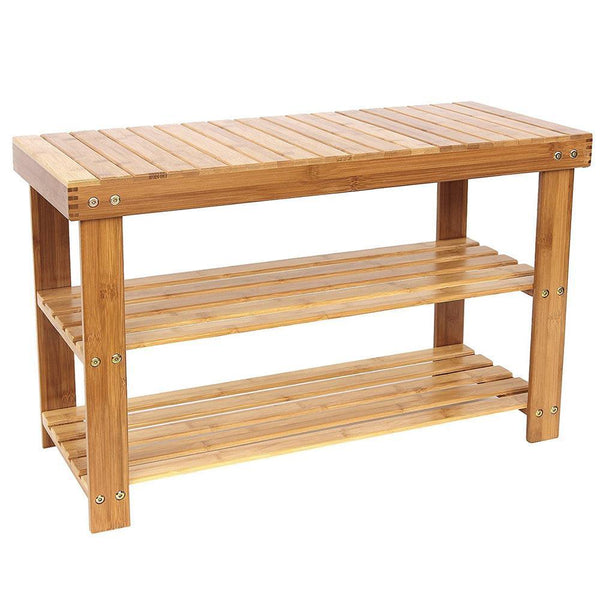 Shoe Bench Rack 2-Tier Natural Bamboo Shelf Organizer Entryway Storage Wood Seat
